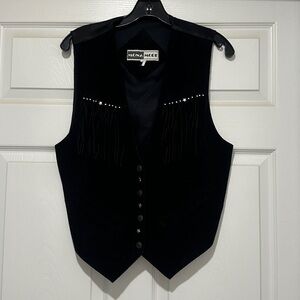 Vtg Mona Mode Black Suede Fringe Vest with Stud Details, Sz Med